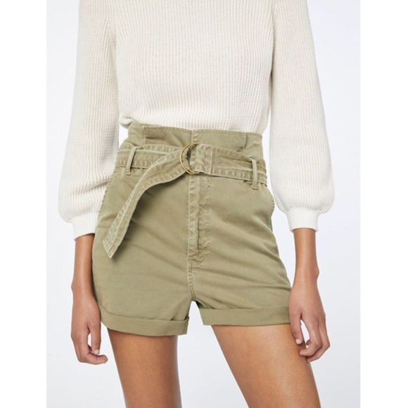 FRAME Safari Belted High Rise Paperbag Cuffed Hem Shorts Washed Od Green 26 - Picture 1 of 11